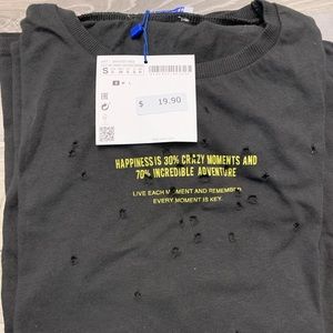 NWT Zara dark gray holes detail slogan tee